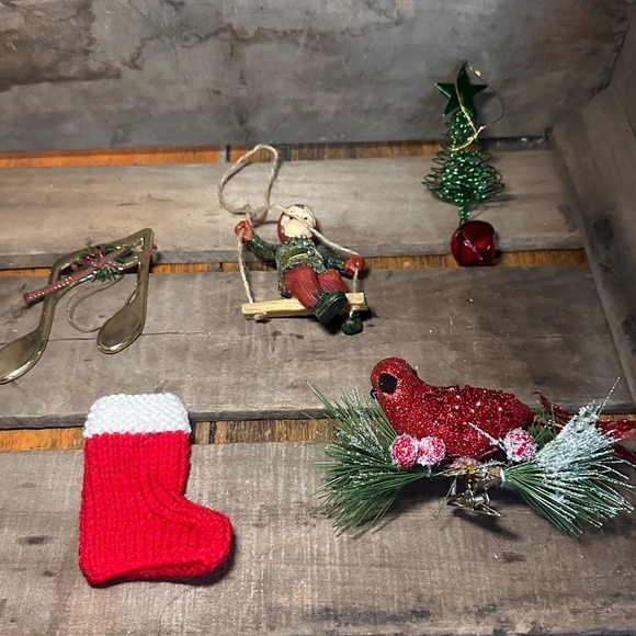 5 Vintage Christmas Ornaments-Music Note, Cardinal, Stocking, Child, & Tree - Picture 2 of 8
